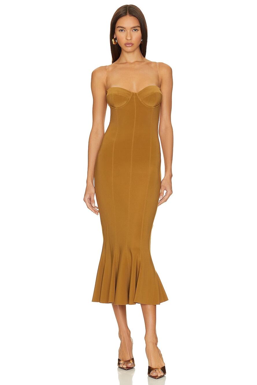 Norma Kamali Woods Brown Corset Midi Dress Bustier Fit Size Medium/38F30
